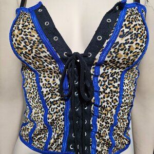 Vintage Stretchy Corset Lace Up Leopard Animal Print Crop Top Plunge Cleavage S